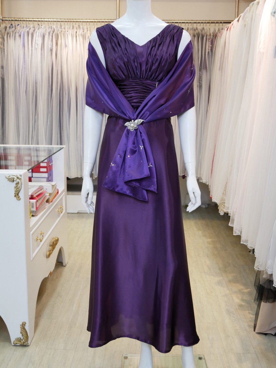 台北媽媽禮服,紫色,V領,A-line,長禮服,披肩