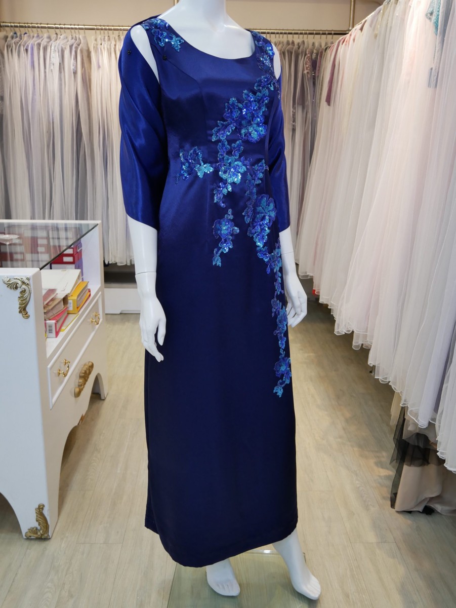 台北媽媽禮服,藍色,緞面,圓領,亮片,刺繡,長禮服,披肩