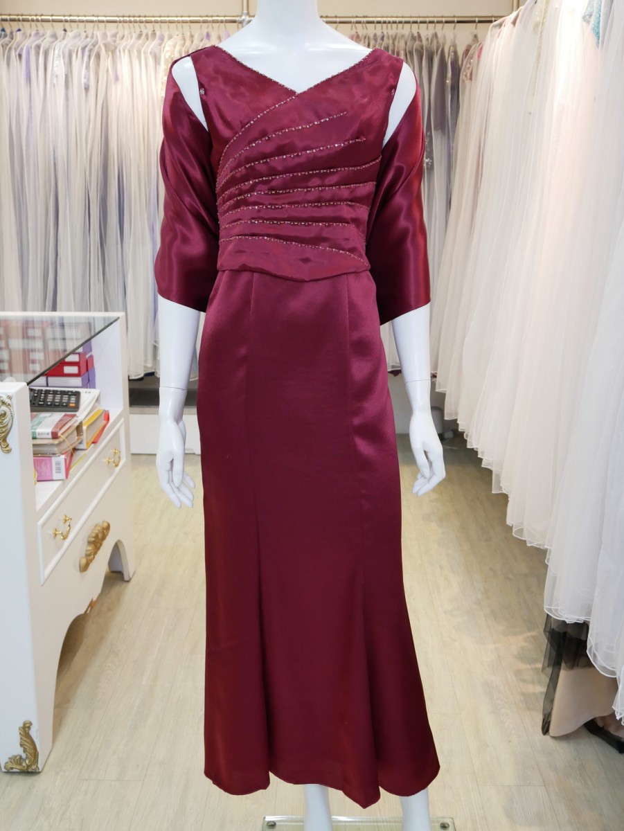 台北媽媽禮服,紅,緞面,V領,串珠,魚尾裙,長禮服