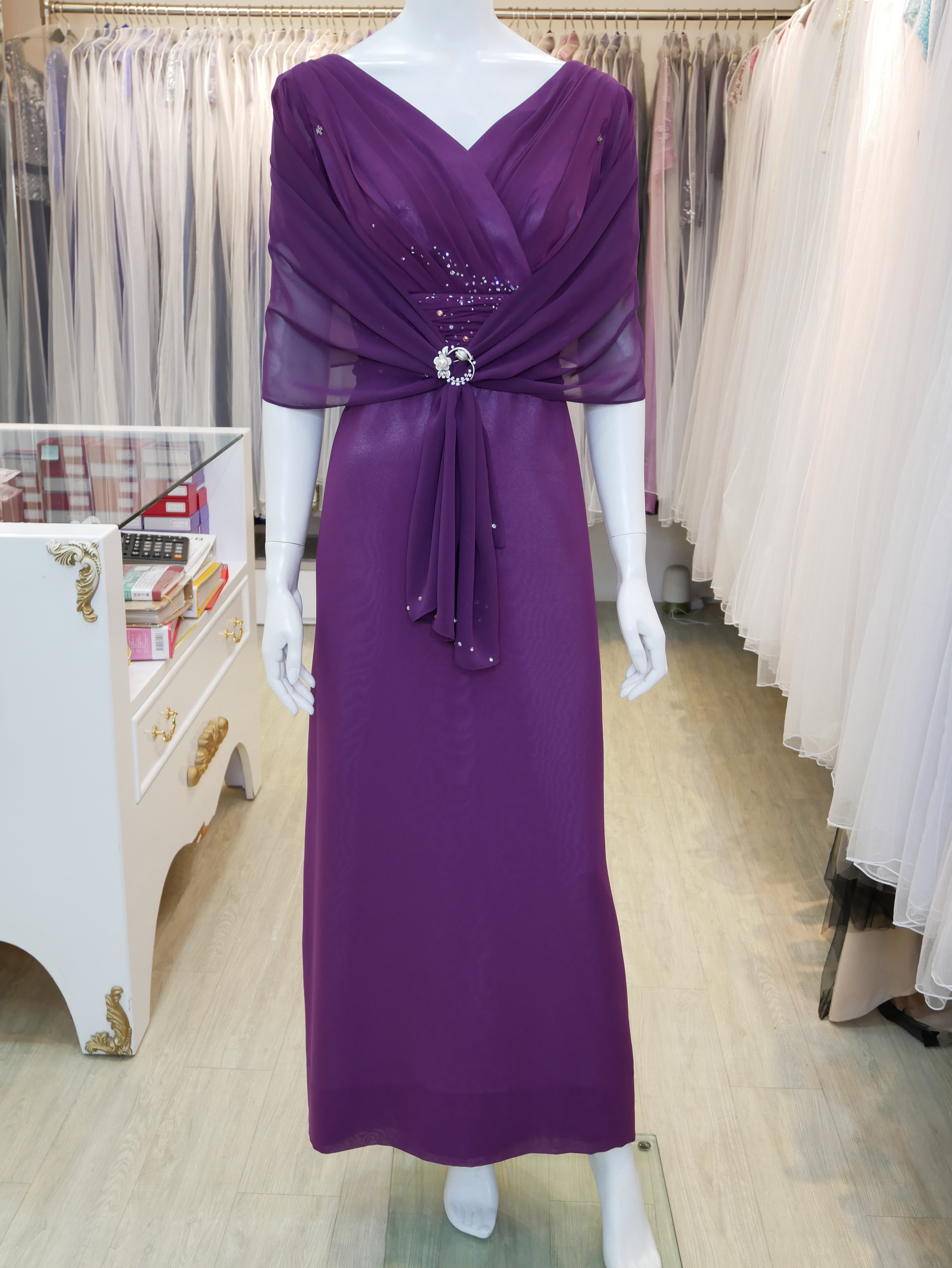 台北媽媽禮服,紫色,雪紡紗,V領,短袖,串珠,長禮服,披肩
