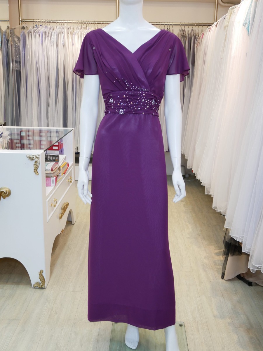 台北媽媽禮服,紫色,雪紡紗,V領,短袖,串珠,長禮服,披肩