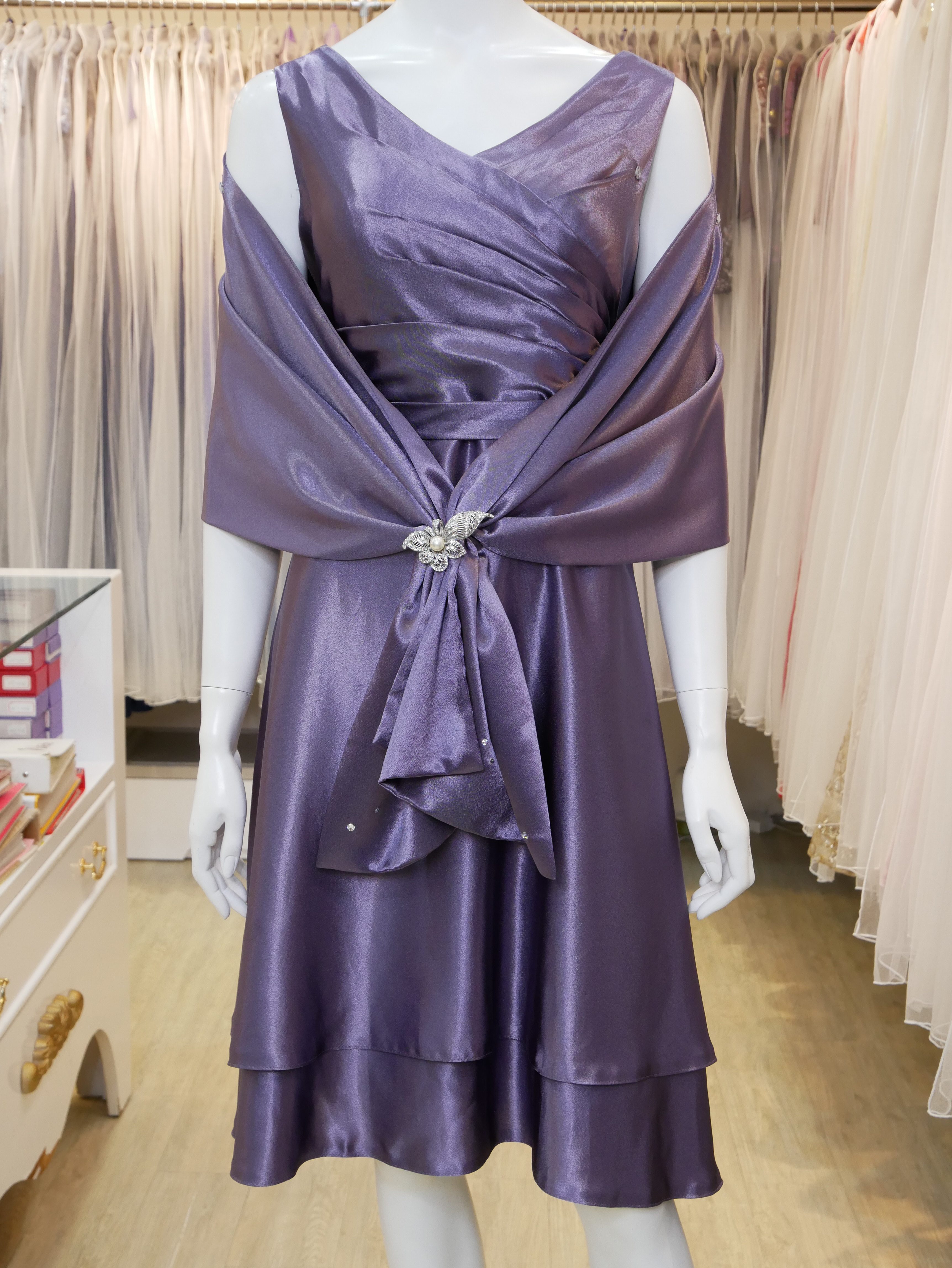 台北媽媽禮服,紫色,V領,A-line,短禮服,小禮服,披肩