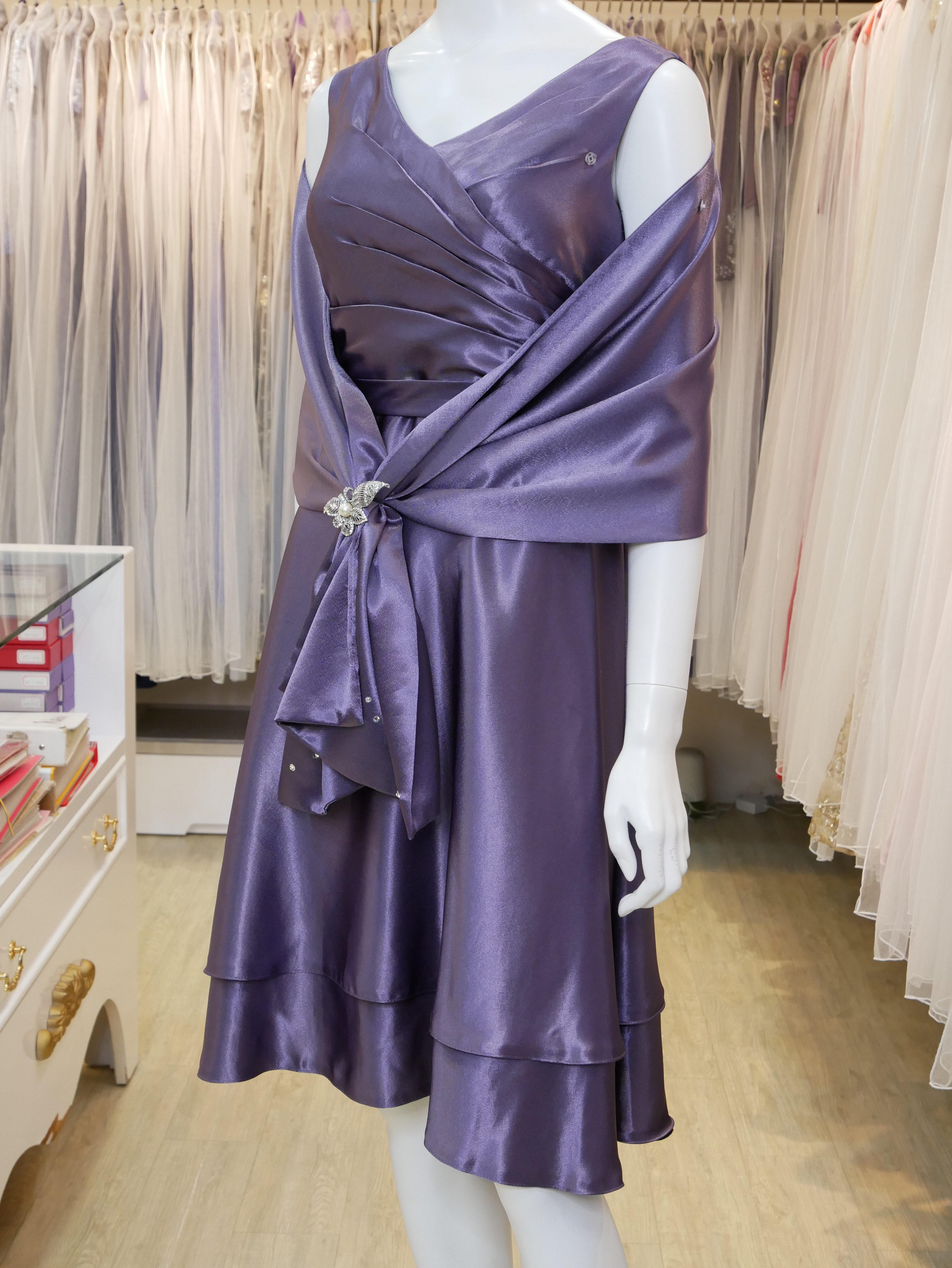 台北媽媽禮服,紫色,V領,A-line,短禮服,小禮服,披肩