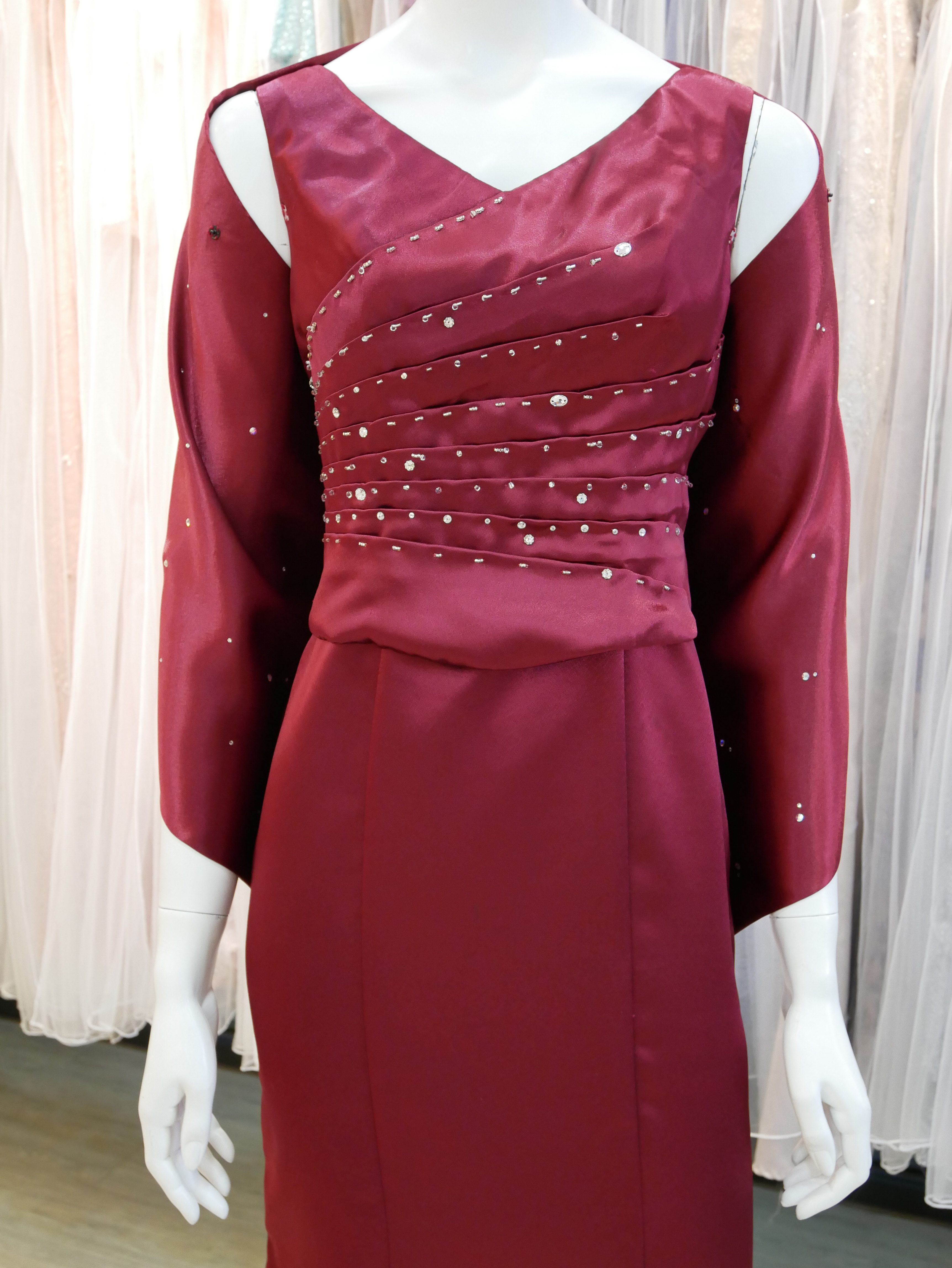 紅色,緞面,V領,手工串珠,魚尾裙,長禮服,披肩