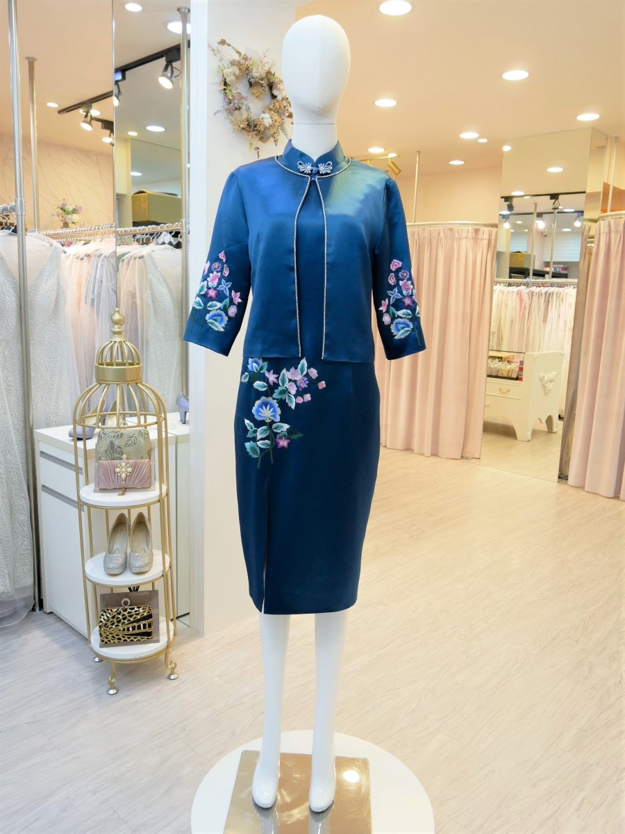 台北媽媽藍綠緞刺繡兩件式短旗袍